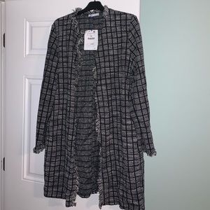 Zara long open tweed blazer w/fringe Large